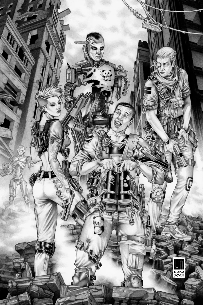 Raiding Party,  pencil artwork by Warren Montrose