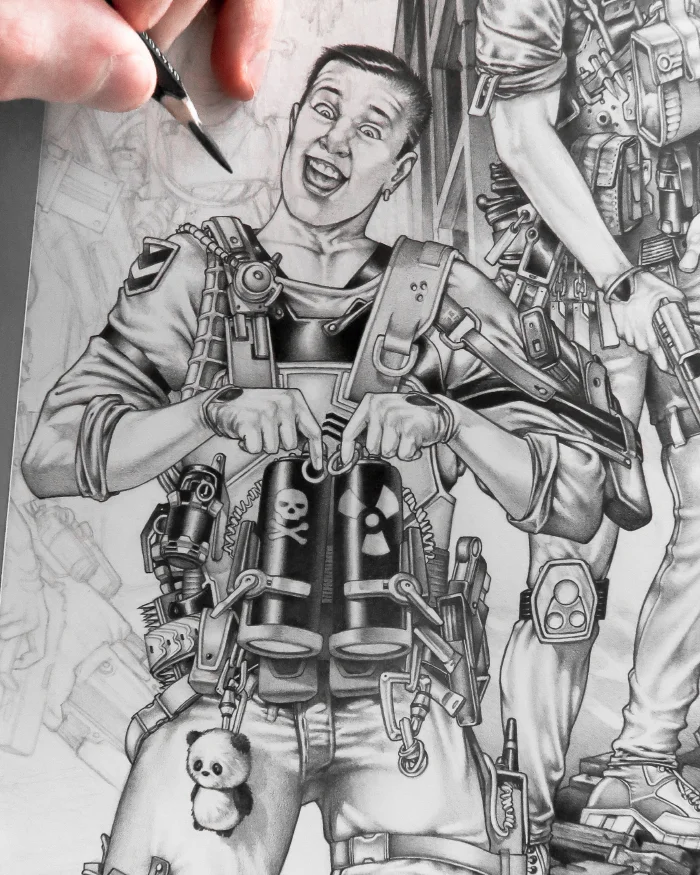 Raiding Party,  pencil artwork by Warren Montrose