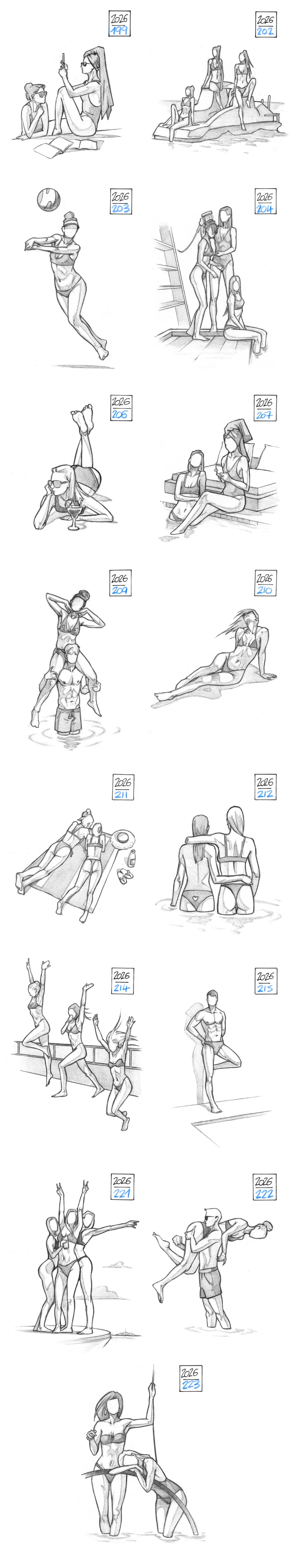 Pencil sketch of various beach poses, boat poses, ladies in bikinis poses and summer break poses